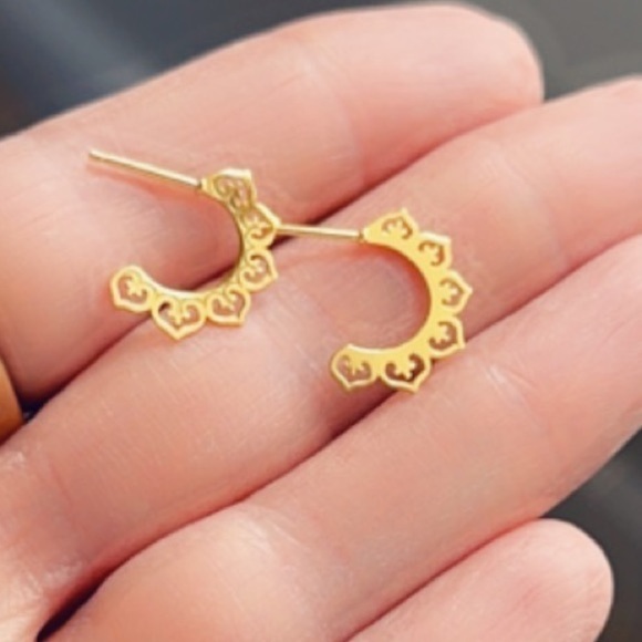 24K Gold Laser Cut Heart Half Hoop Earrings - Picture 10 of 12